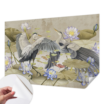 Baby room wall mural with a birds and lilies motif
