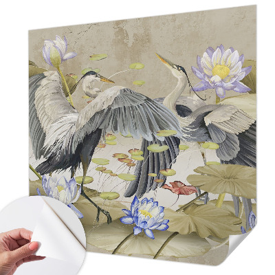 Baby room wall mural with a birds and lilies motif