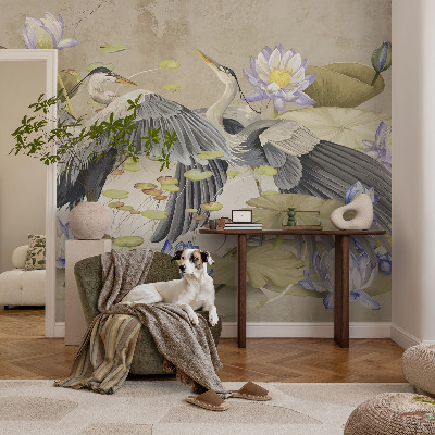 Baby room wall mural with a birds and lilies motif