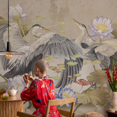 Baby room wall mural with a birds and lilies motif