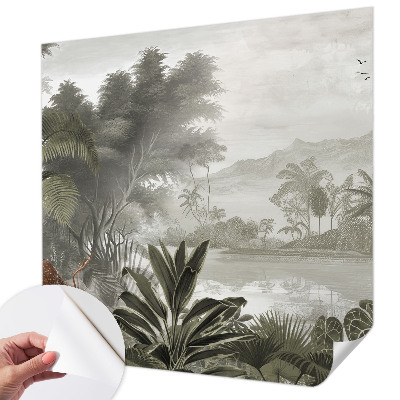 Peel and stick wall mural with a tropical oasis design