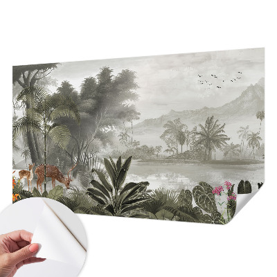 Peel and stick wall mural with a tropical oasis design