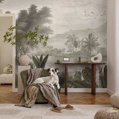 Peel and stick wall mural with a tropical oasis design