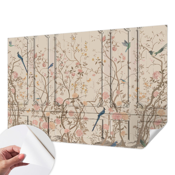 Nursery wall mural with a design of birds and flowers