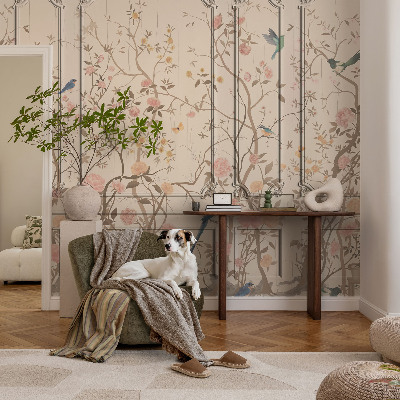 Nursery wall mural with a design of birds and flowers