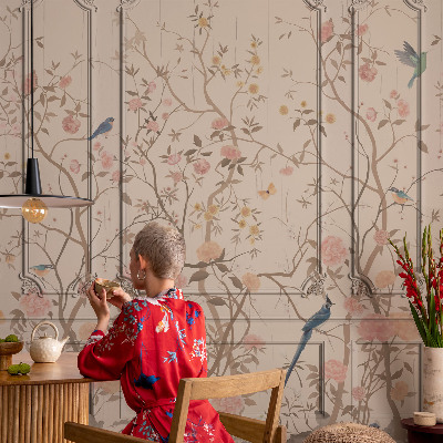 Nursery wall mural with a design of birds and flowers