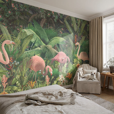 Peel and stick wall mural for bedroom with a pink flamingo motif