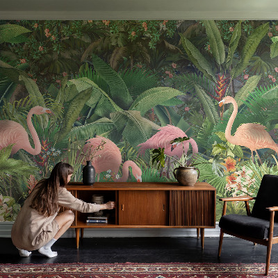 Peel and stick wall mural for bedroom with a pink flamingo motif