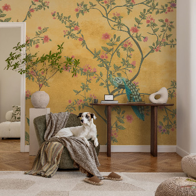 Peel and stick wall mural with a peacock tree design