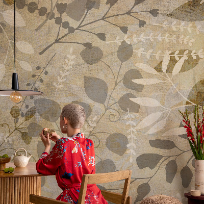 Peel and stick wallpaper mural with a twig leaves pattern