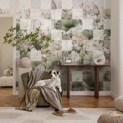 Peel and stick wall mural with lotus patterns