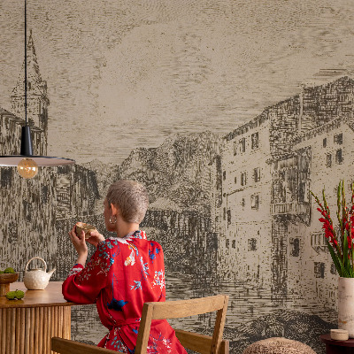 Removable wall mural wallpaper with a city panorama