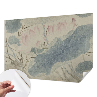Peel and stick wall mural with a lotus leaves design suitable for the living room