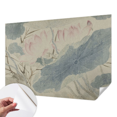 Peel and stick wall mural with a lotus leaves design suitable for the living room