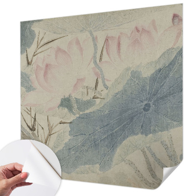 Peel and stick wall mural with a lotus leaves design suitable for the living room