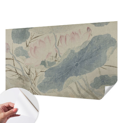 Peel and stick wall mural with a lotus leaves design suitable for the living room