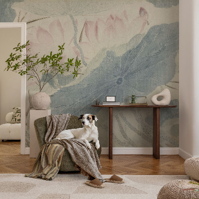 Peel and stick wall mural with a lotus leaves design suitable for the living room