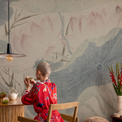 Peel and stick wall mural with a lotus leaves design suitable for the living room