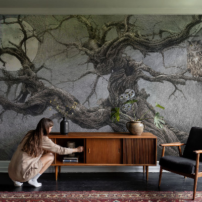 Nursery wall mural featuring a mysterious owl design