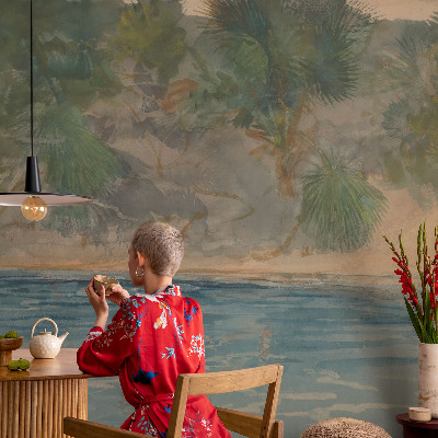 3D photo wallpaper mural with a tropical shore motif