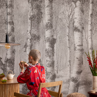 3D wall mural with a birch forest motif