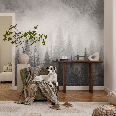 Peel and stick wall mural for living room with a misty forest scene