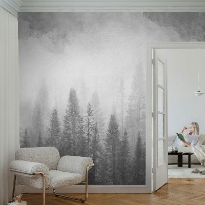 Peel and stick wall mural for living room with a misty forest scene