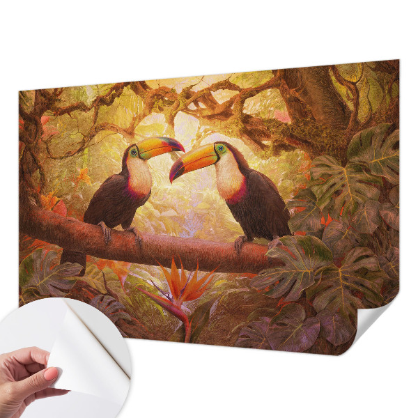 Peel and stick wall mural for living room with a colorful toucan design