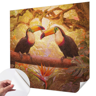 Peel and stick wall mural for living room with a colorful toucan design