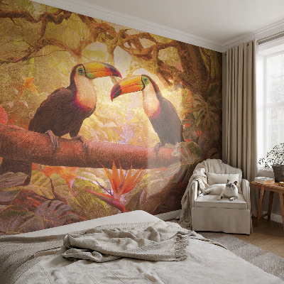 Peel and stick wall mural for living room with a colorful toucan design