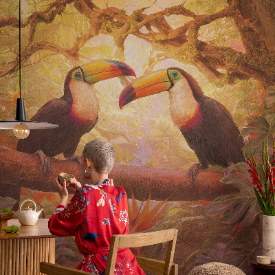 Peel and stick wall mural for living room with a colorful toucan design