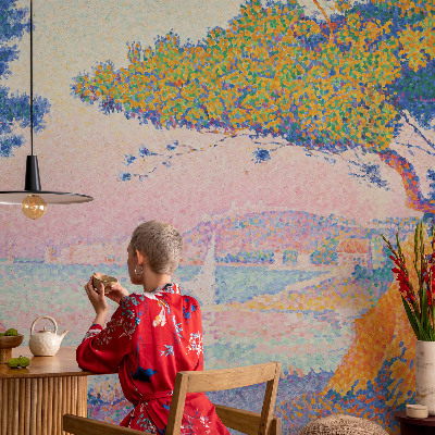 3D wall mural with a colorful landscape design