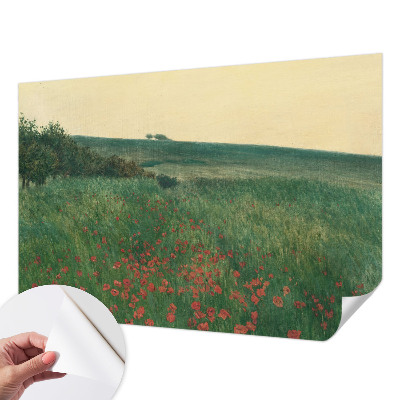 Children's wall mural with a poppy fields design
