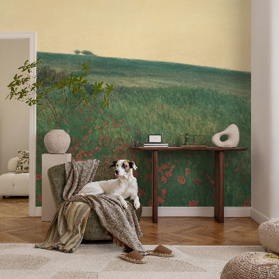 Children's wall mural with a poppy fields design