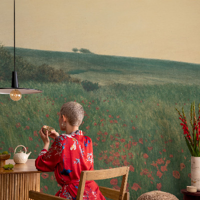Children's wall mural with a poppy fields design