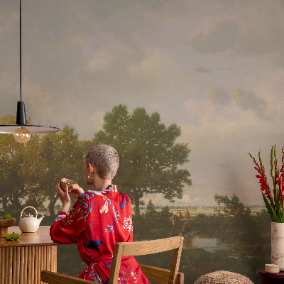 Peel and stick wall mural featuring a forest landscape