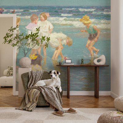 Nursery wall mural with a beach childhood design