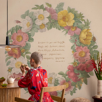 Children's wall mural with a floral wreath design