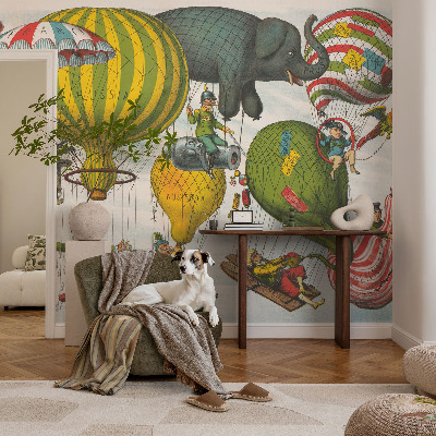 Self-adhesive wall mural with a balloon journey motif
