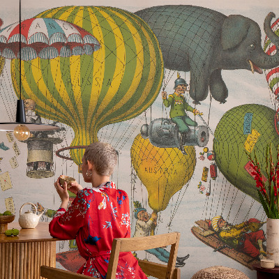 Self-adhesive wall mural with a balloon journey motif