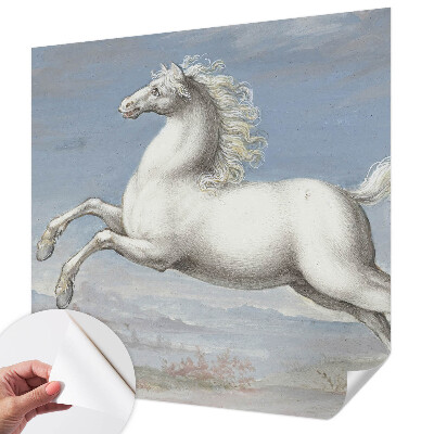 Removable wall mural featuring a horse jumping scene