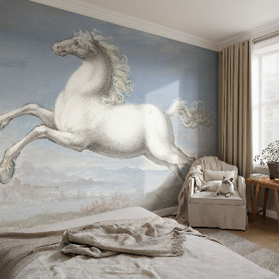 Removable wall mural featuring a horse jumping scene
