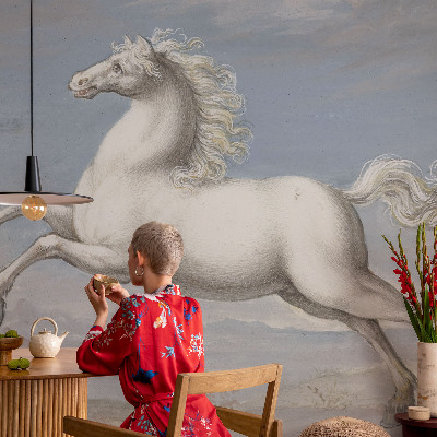 Removable wall mural featuring a horse jumping scene