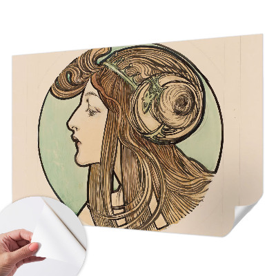 Peel and stick wall mural featuring an Art Nouveau portrait suitable for a bedroom