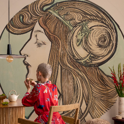 Peel and stick wall mural featuring an Art Nouveau portrait suitable for a bedroom