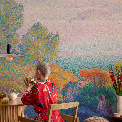 Nursery wall mural with a seaside landscape design
