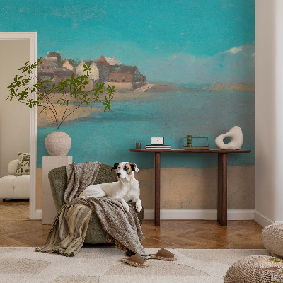 Peel and stick wall mural for kids' room with a quiet village scene