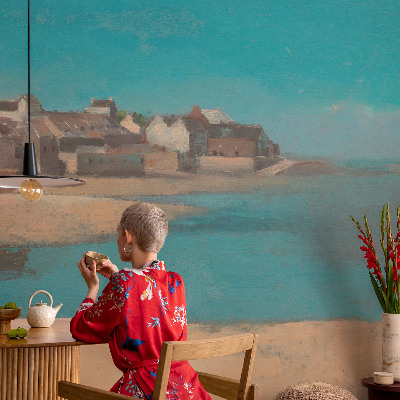 Peel and stick wall mural for kids' room with a quiet village scene