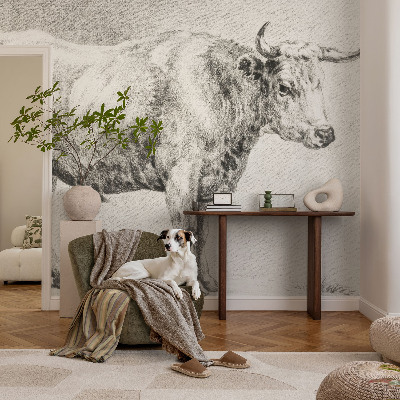 Self-adhesive wall mural featuring a bull pencil illustration