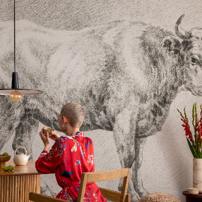 Self-adhesive wall mural featuring a bull pencil illustration